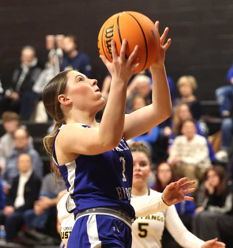 Hinckley-Big Rock's Payton Murphy gets through the Yorkville Christian defense during their Class 1A regional game Tuesday, Feb. 17, 2025, at Indian Creek High School in Shabbona.