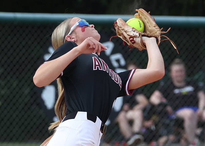 Antioch's Claire Schuyler catches a popup during their Class 3A supersectional win Monday, June 3, 2024, over Sycamore at Kaneland High School in Maple Park.
