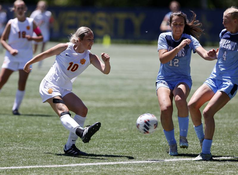 Richmond-Burton's Maddie Seyller (10) takes a shot at goal during the Class 1A Dominican super-sectional between Willows Academy and Richmond-Burton HS in River Forest on Saturday, May 25, 2024.