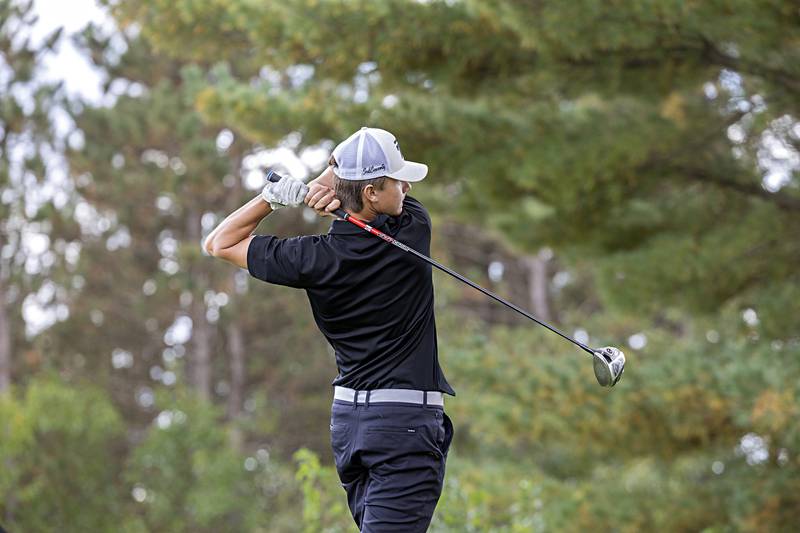 Byron’s Ryan Tucker drives on #17 Wednesday, Sept. 27, 2023 during the class 2A golf regionals at Deer Valley Country Club.