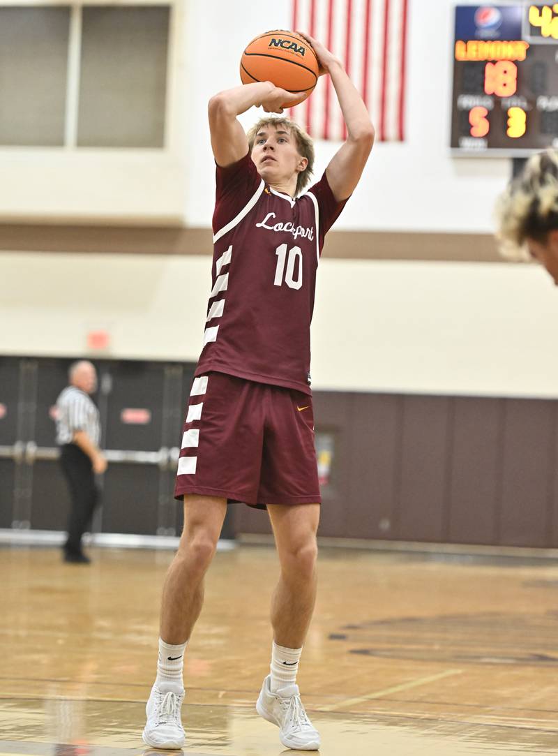 Lockport's Nojus Venckus shoots a free throw during the WJOL tournament championship game against Lemont on Saturday, NOV. 29, 2025, at Joliet.