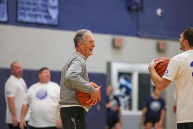 Don Smucker, 71, a 1971 Tiskilwa grad, the oldest participant, was all smiles during Sunday's Alumni Game at the Storm Cellar.