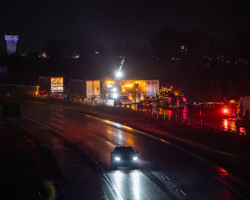 La Salle and Peru First-Responders respond to a ‘flipped over’ Semi Truck on Thursday, January 8, 2026, on westbound Interstate 80 in La Salle.
