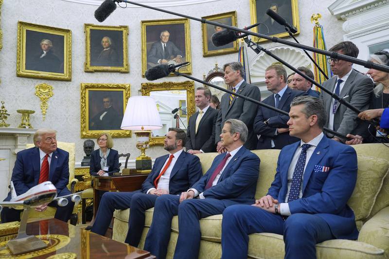 President Donald Trump speaks while meeting with Italy's Prime Minister Giorgia Meloni (unseen) in the Oval Office of the White House, Thursday, April 17, 2025, in Washington, as Vice President JD Vance, Treasury Secretary Scott Bessent and Defense Secretary Pete Hegseth listen. (AP Photo/Alex Brandon)