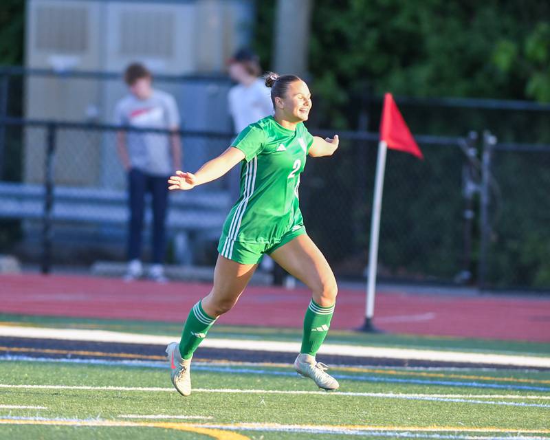 York's Cate Carter (2) is all smiles as scores a goal in the second half of the regional title game on Friday May 23, 2025, while taking on Downers Grove South held at York High School.