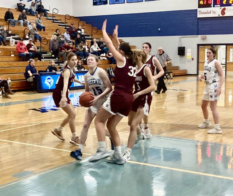 Bureau Valley junior Taylor Neuhalfen drives on Annawan's Zoey Vance Thursday night. The No. 4 ranked Bravettes beat the Storm 55-33.