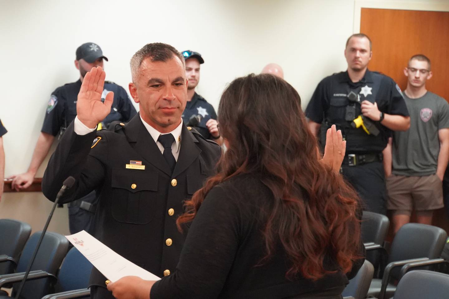 Promotion and swearing in ceremonies were held Aug. 25 for Elvis Baneski of the Rochelle Police Department, who was promoted from detective to patrol sergeant. Baneski has been with the department since 2008 and has been a detective since 2022.