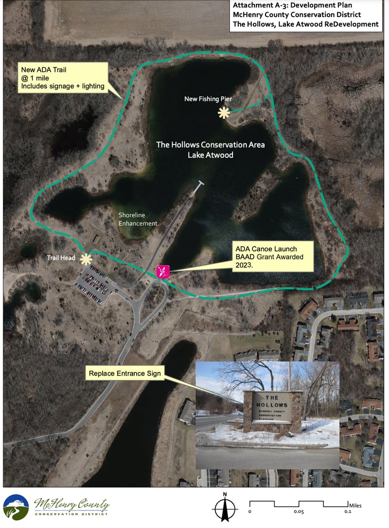 A conceptual plan for the proposed improvements for the McHenry County Conservation District's The Hollows and Lake Atwood, created as part of its 2023 OSLAN state grant application.