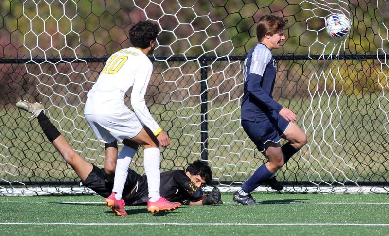 Cary-Grove’s  Ethan Doyle scores against Harvard in IHSA Class 2A Regional Title Game soccer action on Saturday, Oct. 26, 2024, at  Harvard Junior High School  in Harvard.