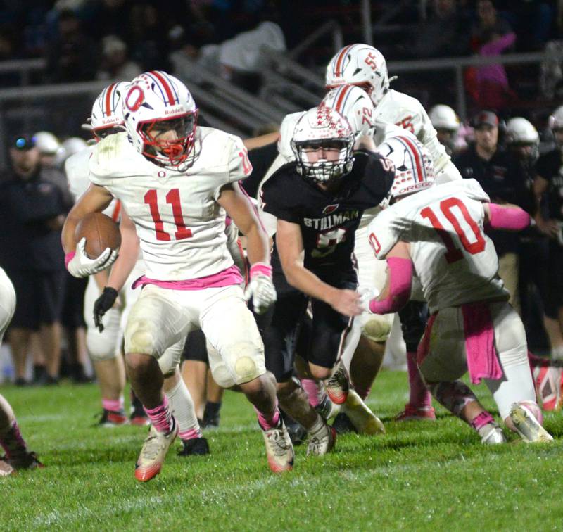 Oregon's  Jayden Berry (11) runs with the ball  against Stillman Valley on Friday, Oct. 10, 2025 in Stillman Valley.