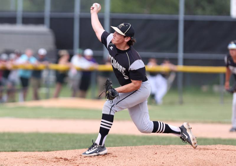 Sycamore's Owen Piazza fires a pitch during their Class 3A regional semifinal against St. Francis Thursday, June 1, 2023, at Kaneland High School in Maple Park.