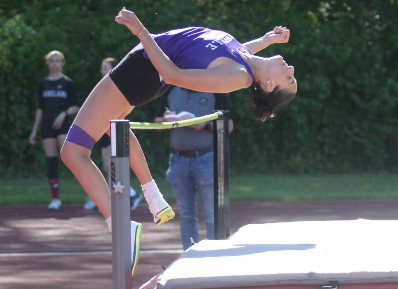 Rochelle's Taelynn Rodeghero competes in the high jump  during the Interstate 8 Conference girls track championship on Friday, May 9, 2025 at Morris High School.