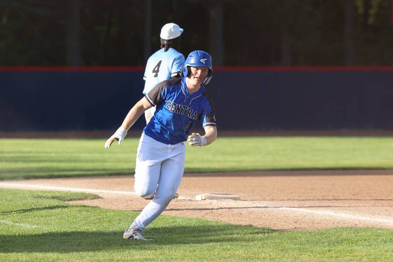 Clifton Central's Noah Vining heads home to score during Central's 8-4 victory over Kankakee on Monday, May 11, 2026.