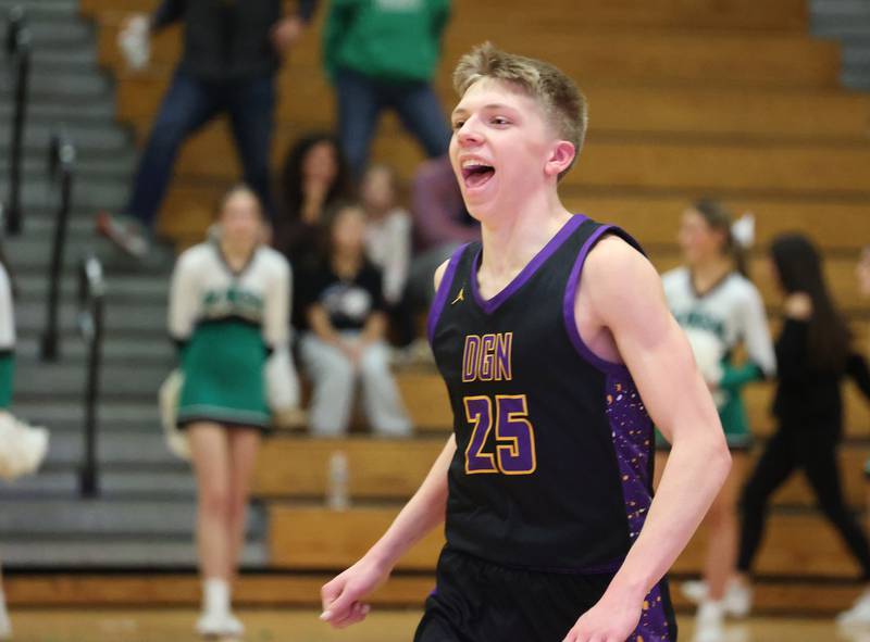 Downers Grove North’s Alex Miller (25) reacts to the win against York at the end of the boys varsity basketball game on Saturday, Feb. 10, 2024 in Elmhurst, IL.