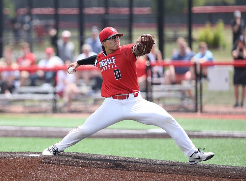 Hinsdale Central's William Ho (0) pitches during the IHSA Class 4A baseball regional final between Downers Grove North and Hinsdale Central at Bolingbrook High School on Saturday, May 27, 2023.