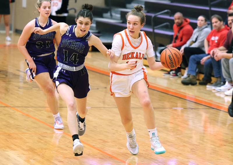 DeKalb's Kailey Porter drives past Rochelle's Megan Seebach during their game Monday, Nov. 28, 2022, at DeKalb High School.
