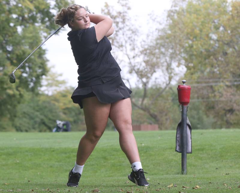 St. Bede's Erin Dove tees off during the Class 1A Regional golf meet on Thursday, Sept. 28, 2023 at Spring Creek Golf Course in Spring Valley.