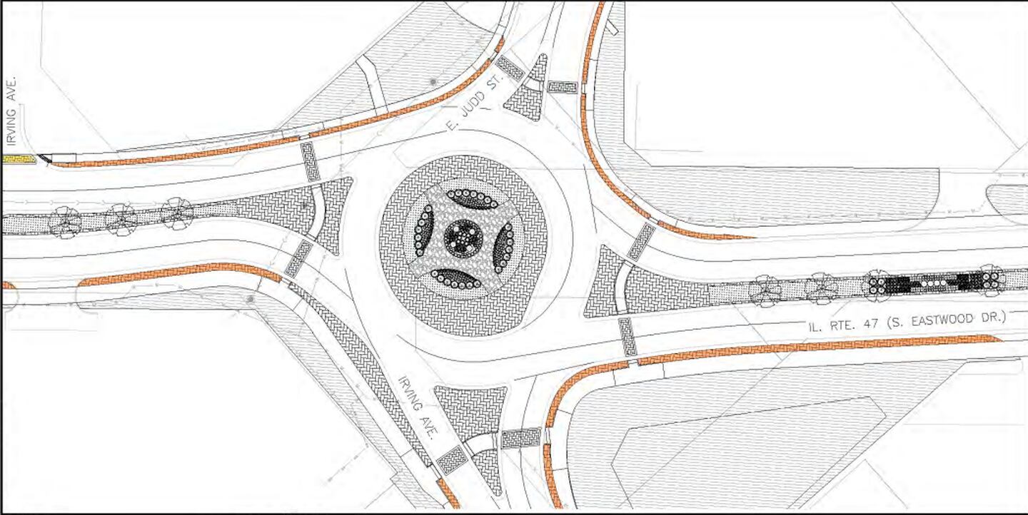 A proposed design for a roundabout at the intersection of Route 47 and Judd Street in Woodstock, June 2022.