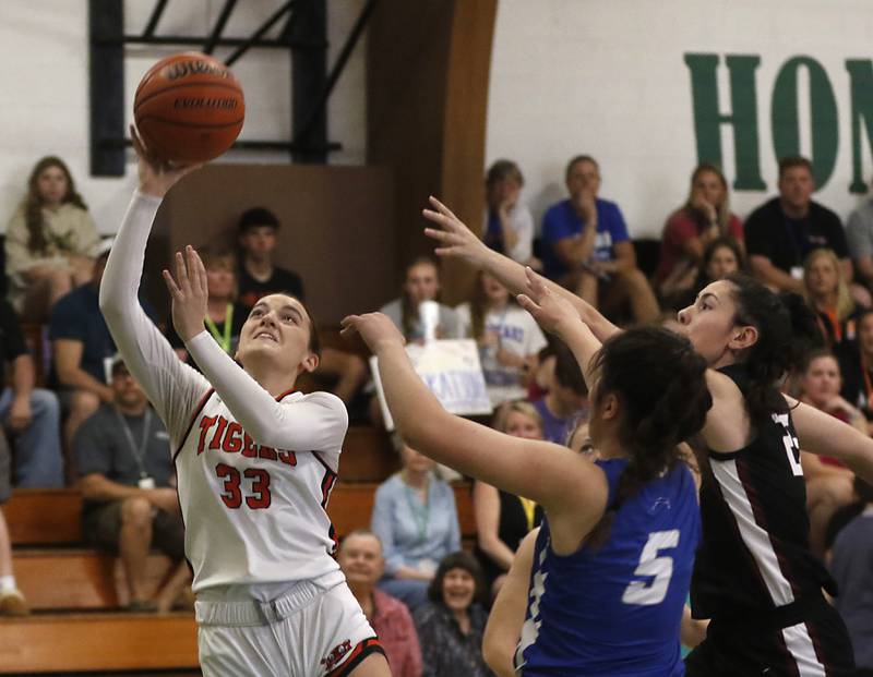 Crystal Lake Central's Kathryn Hamill drives to the basket in front of Hampshire's Avery Cartee during the girl’s game of McHenry County Area All-Star Basketball Extravaganza on Sunday, April 14, 2024, at Alden-Hebron’s Tigard Gymnasium in Hebron.