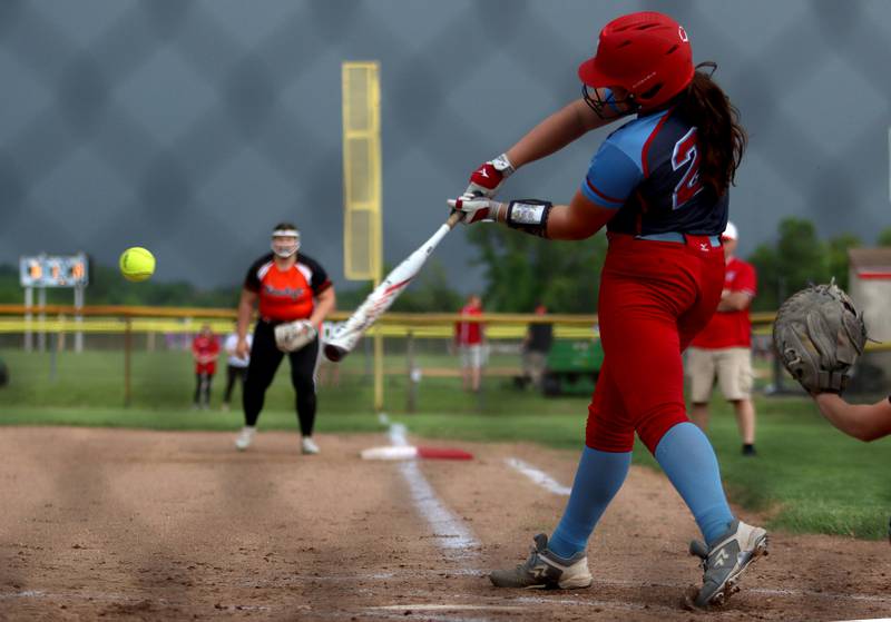 Marian Central’s Christine Chmiel fouls the ball off as the Hurricanes faced Winnebago to begin an IHSA Class 2A Regional game at Raymond Benoy Field in Woodstock Monday.