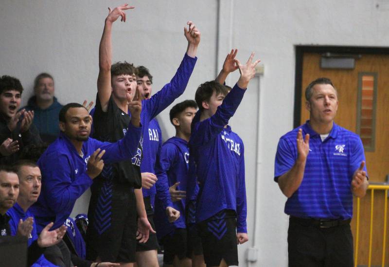 Burlington Central’s Head Coach Brett Porto and the Rockets get revved up as they build a first-quarter lead in varsity boys basketball on Friday, Dec. 5, 2025, at McHenry Community High School in McHenry.