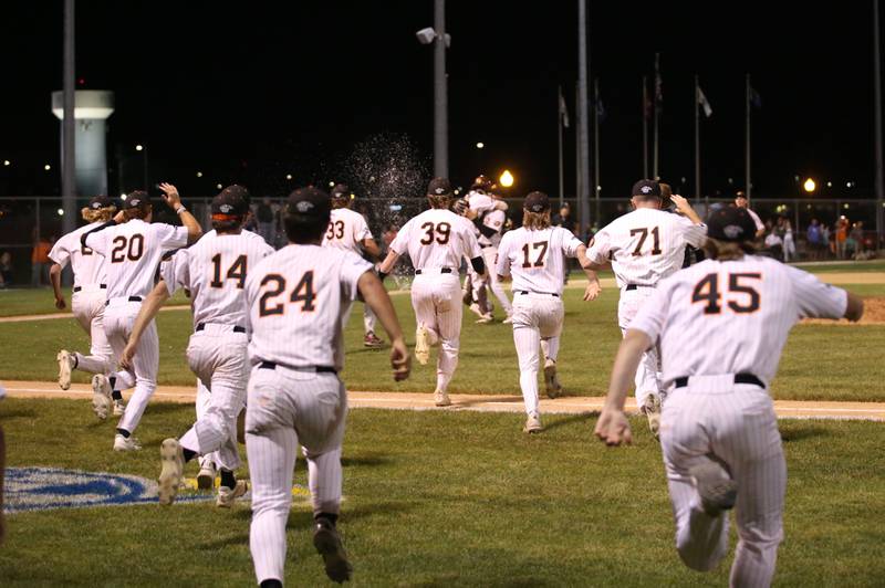 Members of the Illinois Valley Pistol Shrimp baseball team run onto the field after winning the Prospect League Championship against Rex on Wednesday, Aug. 7, 2024 at Schweickert Stadium in Peru.
