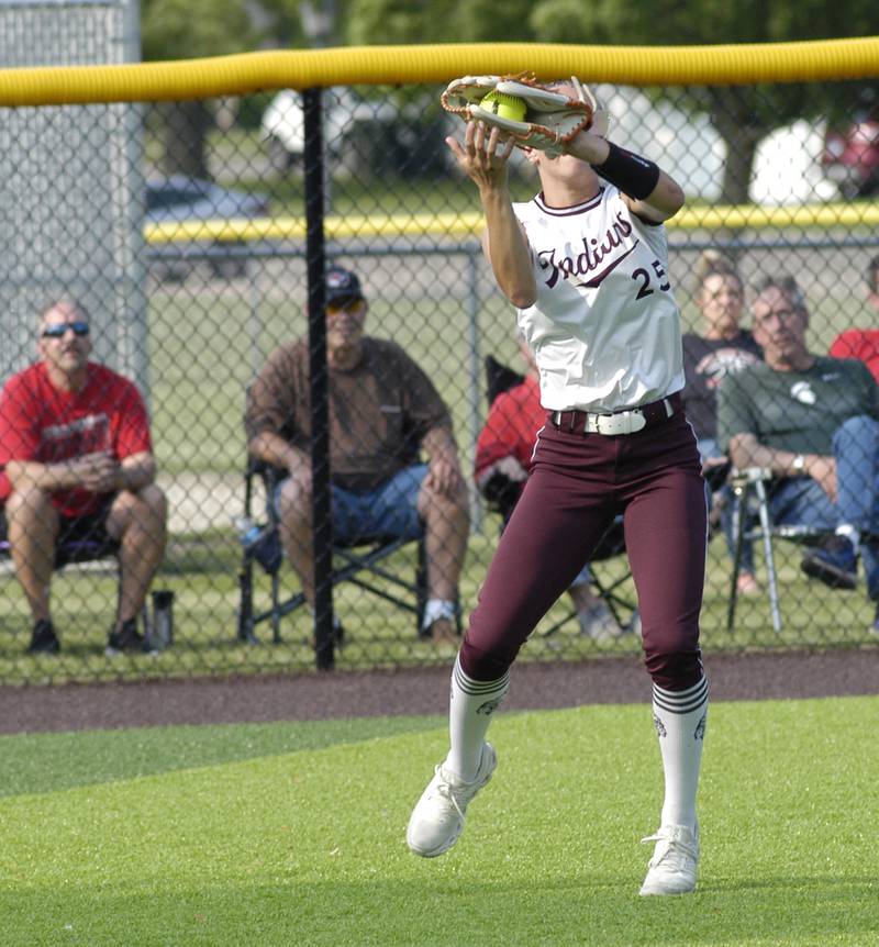 Dakota fielder  Brynlee Sickles makes a catch. Dakota and Henry-Senachwine softball met in  Illinois  Class 1A Super Sectional in Sterling on June 2, 2025. Dakota won the contest 2-0.