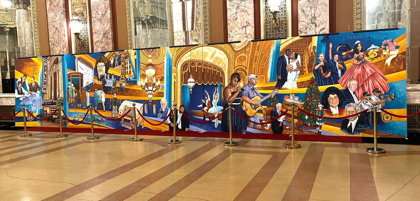 Approximately 100 people came out to a private unveiling of the Rialto Square Theatre’s “Twin Centennial” mural on Monday. The Route 66 Rialto Twin Centennial Mural, painted by Joliet-area Dante DiBartolo, honors both the Rialto and Route 66. Both will turn 100 years old in 2026. The mural encapsulates the Rialto's history.
