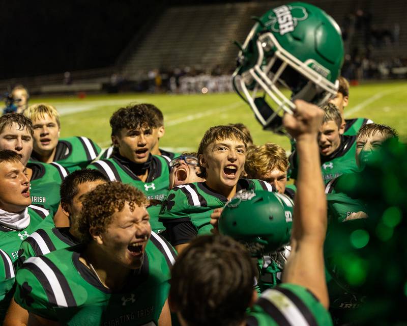 The Seneca Fighting Irish football team celebrates its Week 1 win against Chicago Christian on Friday, Aug 29, 2025, at Seneca High School.