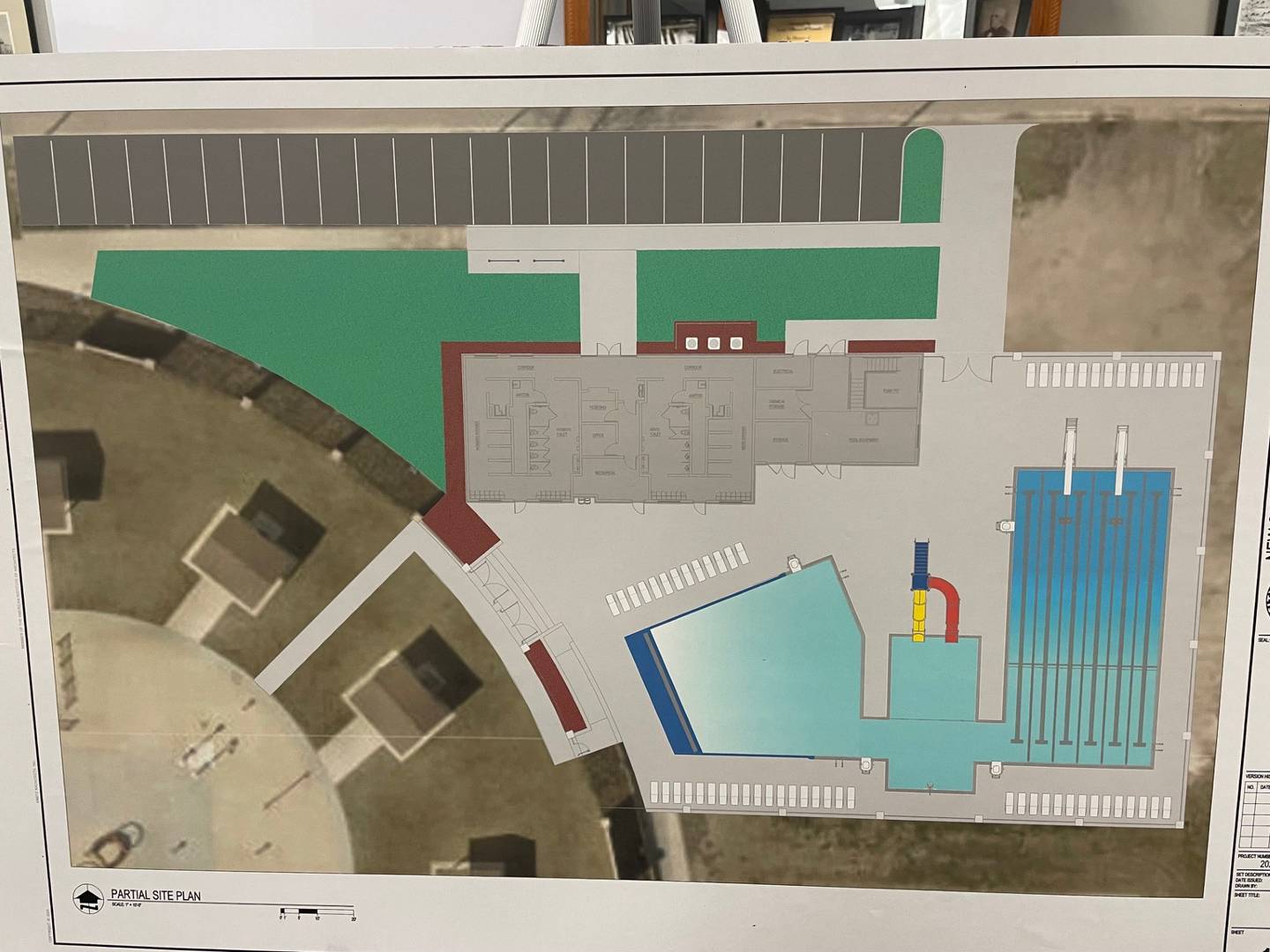 A look at the swimming complex unveiled Monday, July 14, 2025, at a meeting of Peru's pool committee. The design includes (lower right) a general swimming area, a flume and 25-meter competition lanes. The city council has yet to consider the design and $7 million cost.