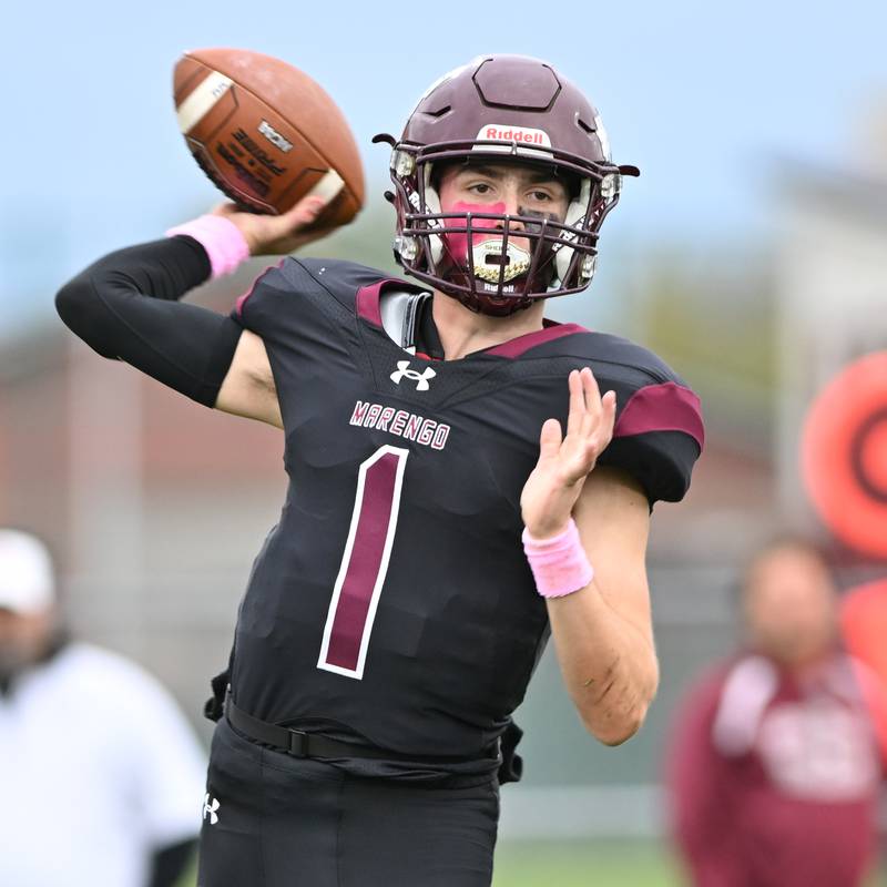Marengo's David Lopez throws for short yardage against Kishwaukee River Conference rival Sandwich on Saturday, Oct. 14, 2023 in Marengo.