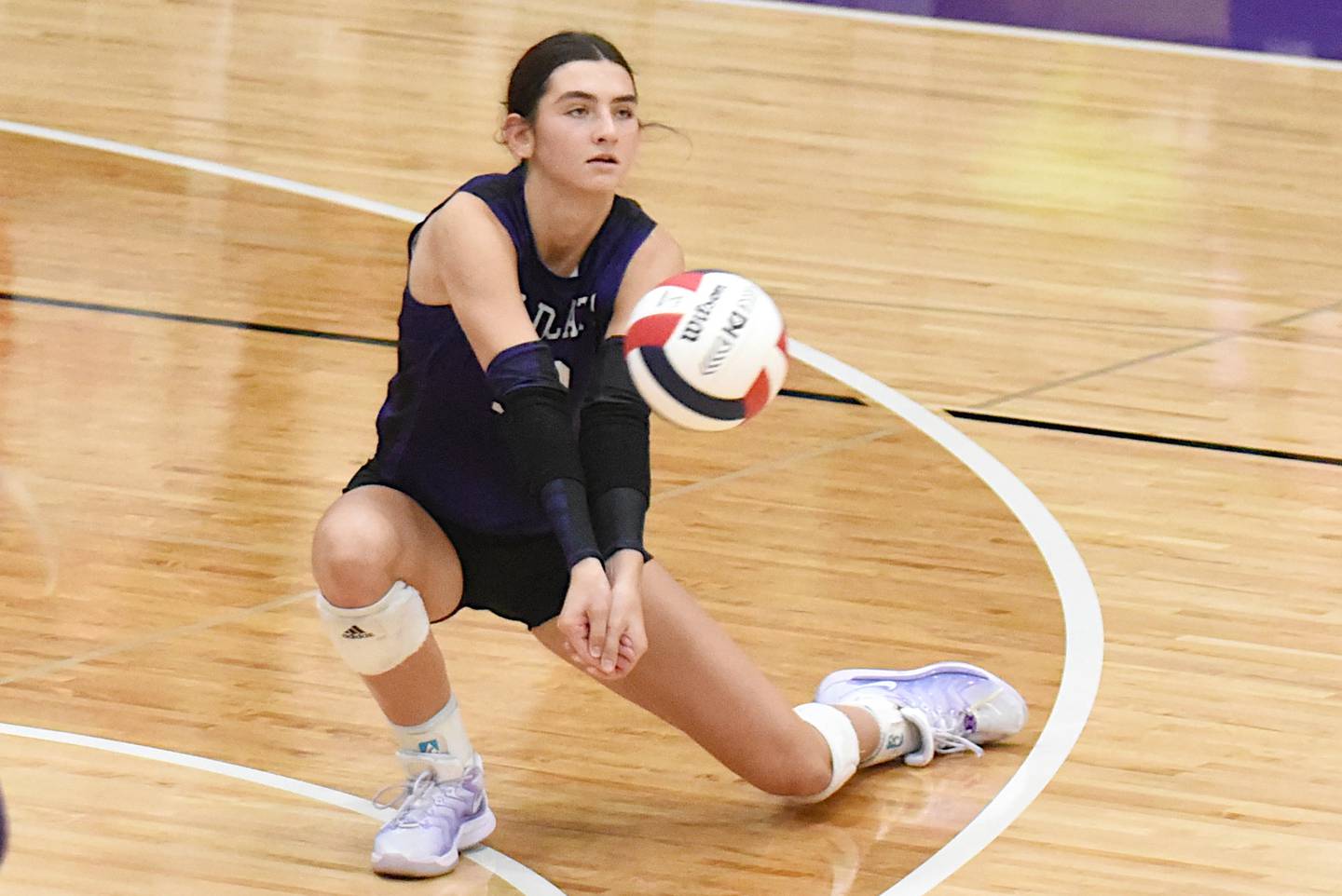 Wilmington's Rachel Smith digs the ball during a home game against Coal City Thursday, Sept. 25, 2025.