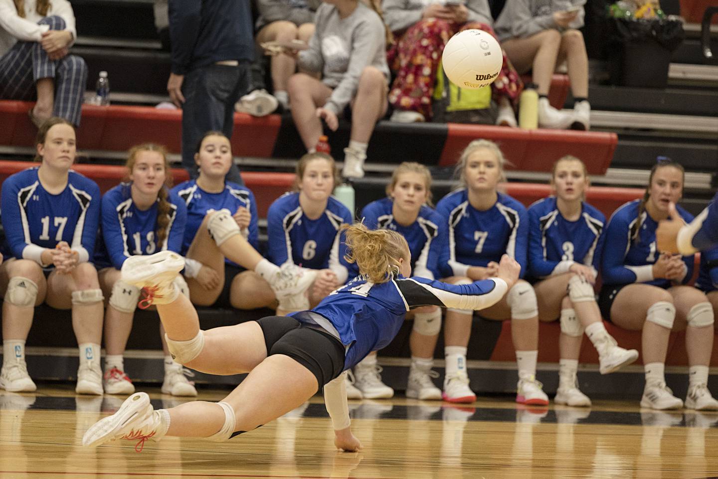 Newark’s Lauren Ulrich dives for a shot in the semifinal sectional game Monday, Oct. 31, 2022 against Newman.