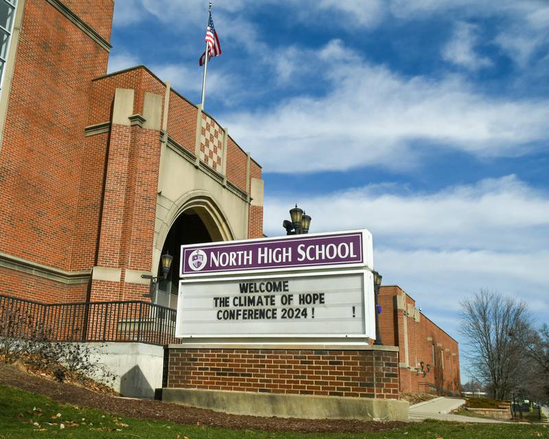 The Downers Grove North High School sign welcomes members attending The Climate of Hope Conference held on Friday March 1, 2024.