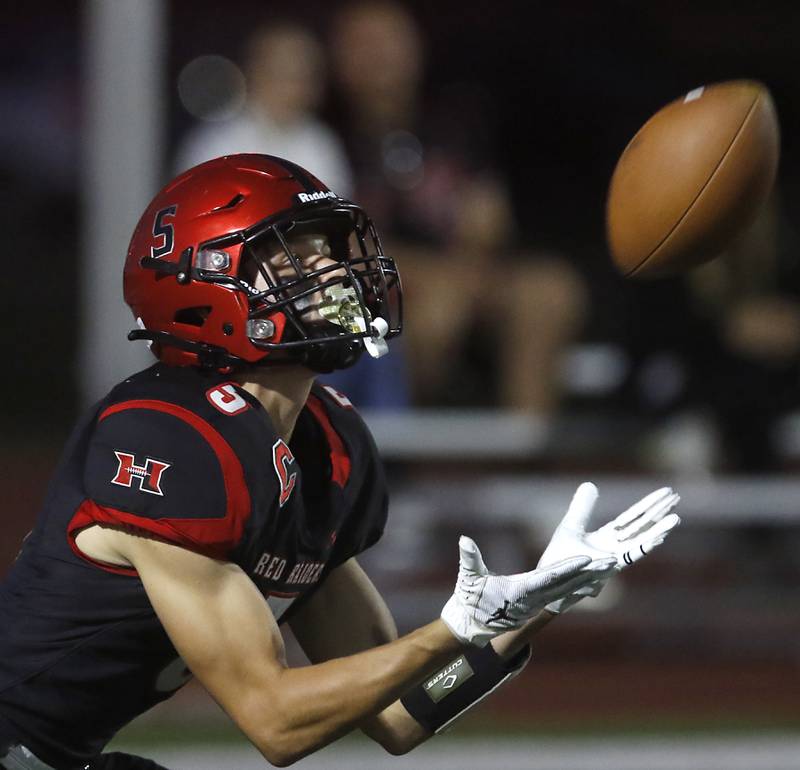 Huntley's Zachary Rysavy catches a Prairie Ridge kickoff during a Fox Valley Conference football game against Prairie Ridge on Friday, Sept. 20, 2024, at Huntley High School.