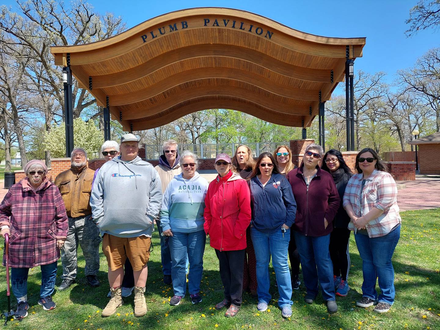 A group photo of the Streator Walking Club participants on Sunday, April 21, 2024, in front of Plumb Pavilion at City Park.