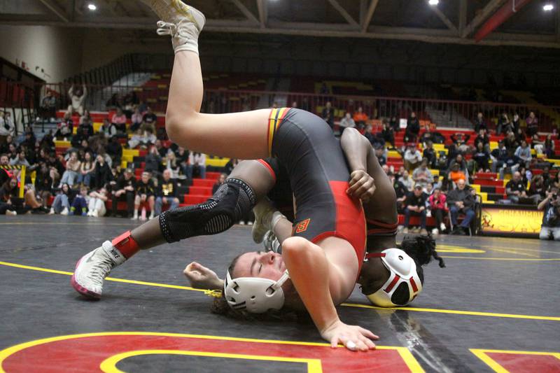 Huntley’s Janiah Slaughter pins Batavia’s Lily Enos in the title bout at 100 pounds in varsity girls IHSA Sectional wrestling on Saturday, February 14, 2026, at Schaumburg High School in Schaumburg.