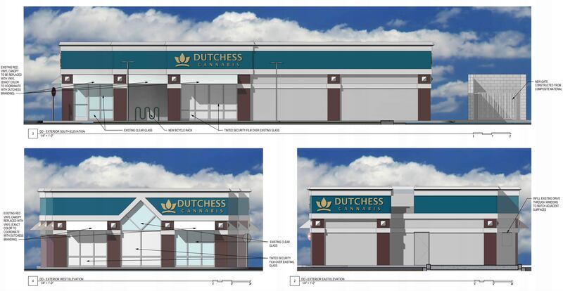 Concept renderings of the proposed Dutchess Cannabis dispensary depicting the planned remodel of the former Arby's restaurant at 144 S. Randall Road in Batavia.