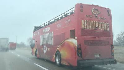 Buses used in Kansas City Chiefs celebration spotted on Interstate 80 in Bureau County