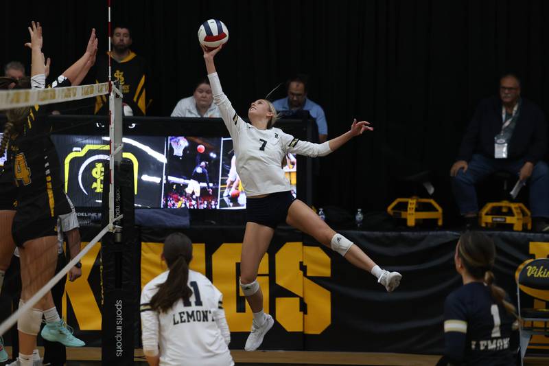 Lemont’s leaps for the shot against St. Laurence in the Class 3A St. Laurence Sectional championship on Thursday, Nov. 7, 2024 in Burbank.