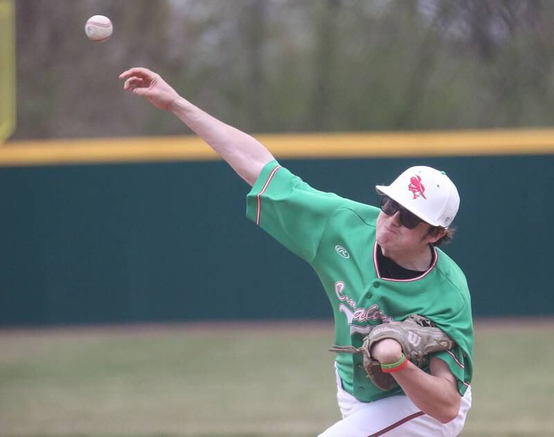 L-P pitcher Brandon Foreman lets go of a pitch against Kaneland on Thursday, April 11, 2024 at Huby Sarver Field in La Salle.