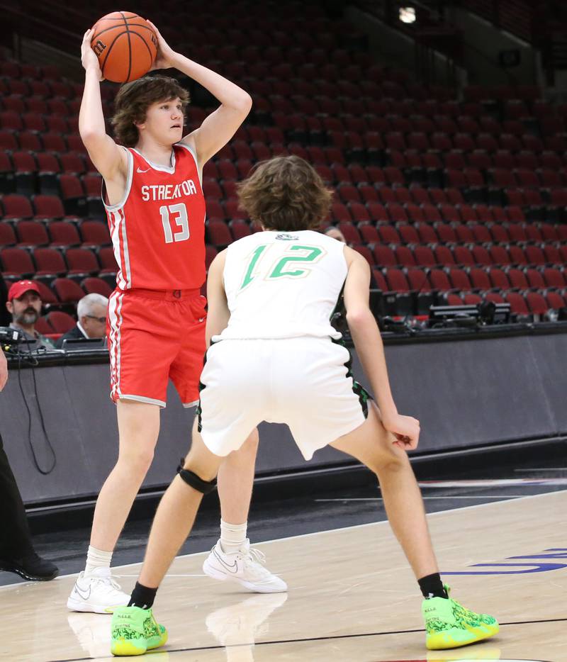 Streator's Blaize Bressner looks to pass the ball as Seneca's Sebastian Deering defends during a game on Tuesday, Dec. 21, 2023 at the United Center in Chicago.