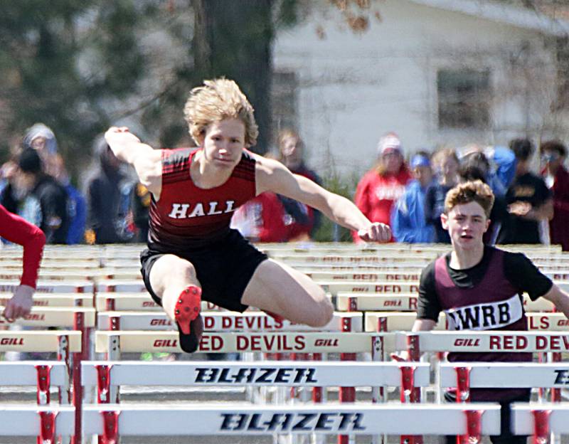 Hall's Tanner Engelhaupt wins the boys 110 meter hurdles during the Rollie Morris Invite on Saturday, April 16, 2022 at Hall High School in Spring Valley.