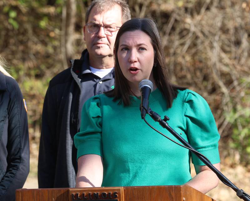 Heritage Corridor Destinations Tour Manager, Kate Gillmann,  speaks during a press conference on Friday, Nov. 14, 2025 at Starved Rock State Park. Starved Rock State park will receive a total of 37 million upgrade to trail improvement that is expected to get underway this winter and continue through 2026.