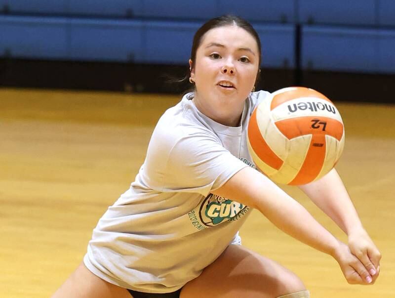 Genoa-Kingston’s Brooklyn Ristau makes a dig Thursday, Aug. 1, 2024, during practice at the school in Genoa.