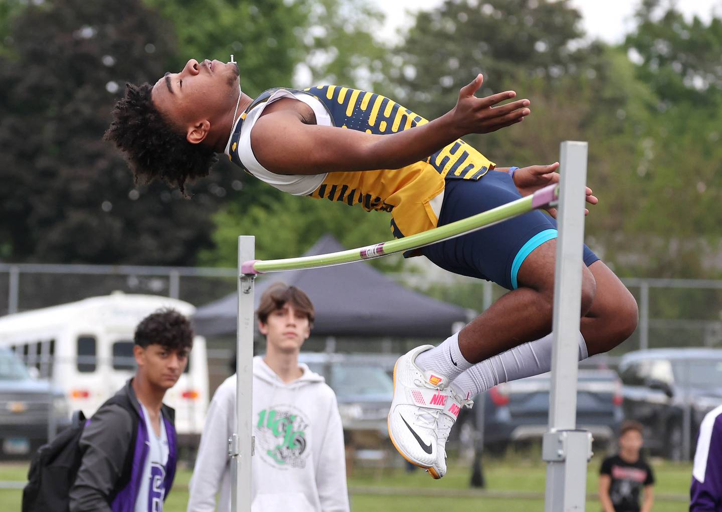 Sterling’s Kaedon Phillips clears the bar in the high jump Thursday, May 16, 2024, during the Class 2A boys track sectional at Sycamore High School.