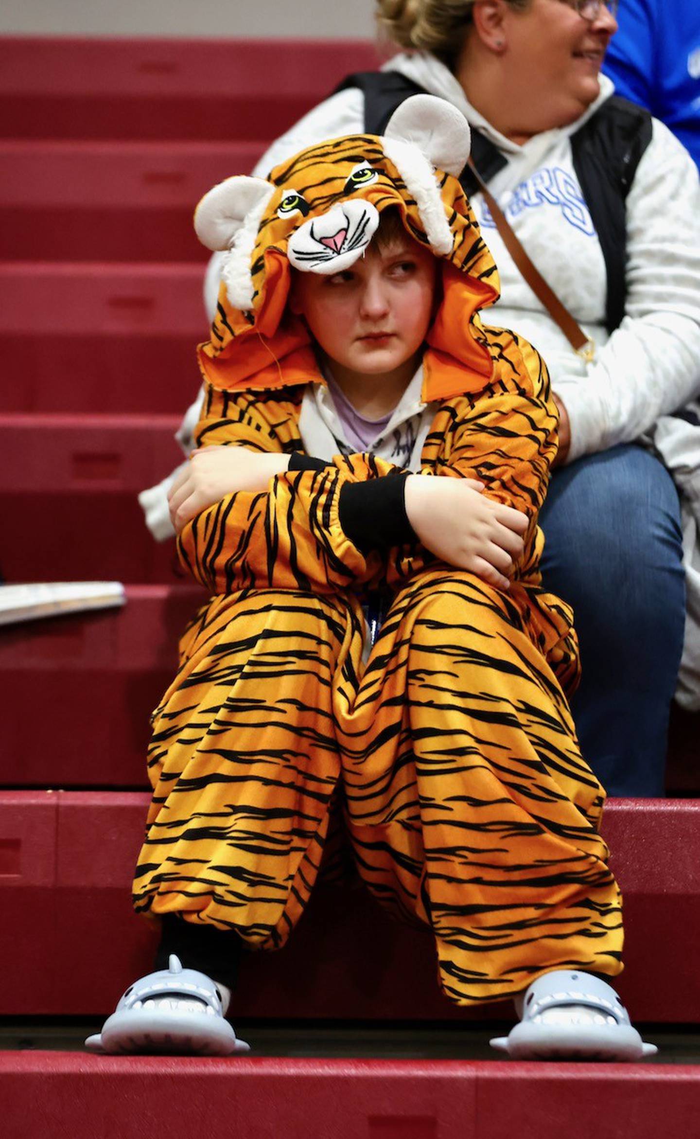 Brantley Fulkerson, 11, younger brother of Princeton senior guard, Jayden, reacts to the final moments of the TIgers' season-ending , 49-43 loss to Rock Falls in Friday's sectional finals at Marengo.