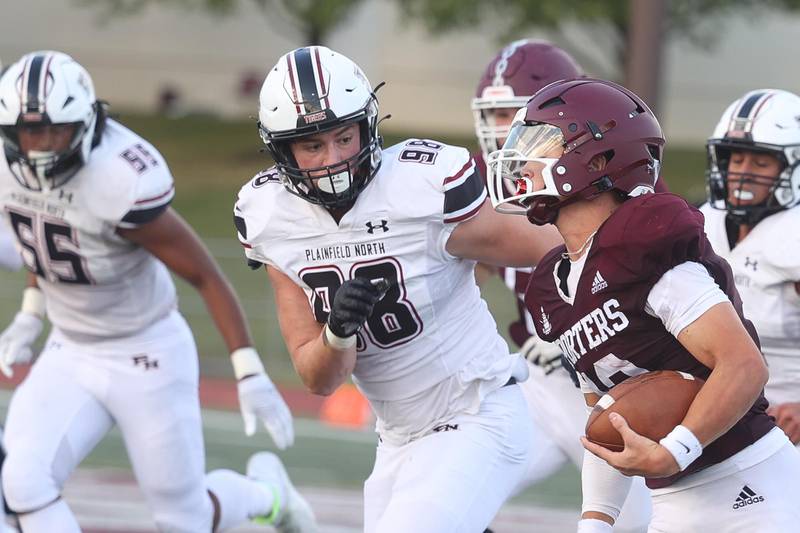 Plainfield North’s Jake Jimenez locks in on the runner against Lockport on Friday, August 30, 2024 in Lockport.