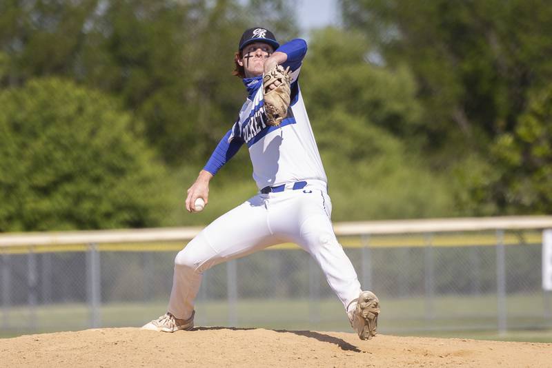 Burlington Centrals’ Michael Person fires a pitch against Dixon Thursday, May 25, 2023 during a class 3A regional semifinal in Rochelle.