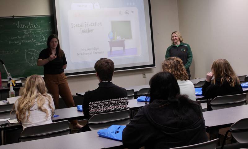 Teachers Morgan Thomson of Forreston Grade School and Amy Sigel of Rock Falls lead a presentation on many aspects, requirements and rewards of being a special education teacher on Friday, April 21, 2023 during the Pathways Education Symposium at Sauk Valley Community College.